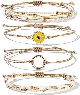 FANCY SHINY Sunflower String Bracelet Handmade Braided Rope Charms Boho Surfer Bracelet for Teen Girls Women