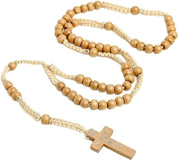 Natural Wood Beaded Cross Rosary Necklace Boho Handmade 8MM Wooden Beads with Jesus Cross Lightweight Rope Necklace for Men Women Boys Girls Religious Christian Prayer Fashion Jewelry Gifts