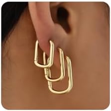 Sloong 3pairs Hoop Earrings Set 14K Gold Plated Lightweight Hypoallergenic Chunky Square Star Heart Twist Hoop Earrings Gold Rectangle Earring for Women Gift