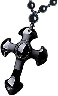 Obsidian Cross Pendant Necklace - Adjustable Black Bead Chain for Men & Women - Authentic Crystal Black Amulet from China