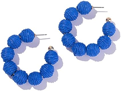 Statement Raffia Hoop Earrings with Push Back Design for Women, Handmade Boho Rattan Earrings for Summer Vibes