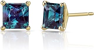 Peora Solid 14K Yellow Gold Created Alexandrite Stud Earrings for Women, Color Change Classic Solitaire, 2.50 Carats total Princess Cut, Hypoallergenic, Friction Back