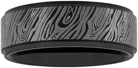 Tantalum Carbide 8mm Black Damascus Pattern Center and Step Edge Men’s Wedding Band Ring