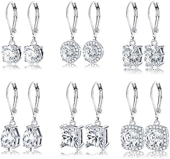 YADOCA 4/6 Pairs Silver Dangle Earrings for Women CZ Dangle Earrings Set Hypoallergenic Round Square Teardrop Cubic Zirconia Opal Leverback Earrings