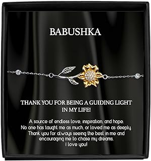 Grandchildren Charm Bracelet with Sterling Silver Chain, Cubic Zirconia for Russian Grandmother, Babushka Sunflower Design, 14K Gold Pendant Gigi Gift from Granddaughter/Grandson