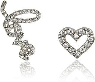 Hoops & Loops 925 Sterling Silver Cubic Zirconia Heart Stud & LOVE Climber Crawler Earrings Set for Teen Girls & Women, 2 Pairs Silver, Yellow & Rose Gold
