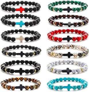 Unisex 12Pc Beaded Cross Bracelets with Hematite Stone Bead Chain and Lava Rock, Tiger Eye, Howlite Stones in Elastic Design