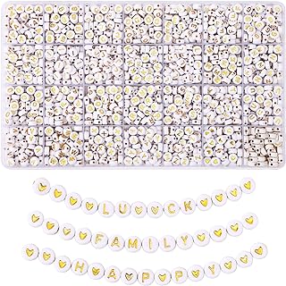 QUEFE 1820pcs Letter Beads for Bracelets, 28 Styles Alphabet Beads Colorful Heart Beads for Bracelets and Jewelry Making (4x7 mm, White & Gold)