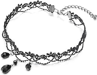 COOLSTEELANDBEYOND Gothic Victorian Nostalgic Ladies Black Lace Choker Necklace with Black Teardrop Bead Charm Pendant