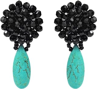 Elegant Black Chrysanthemum & Simulated Turquoise Clip-On Drop Earrings for Women - Handcrafted Bohemian Style by AeraVida USA