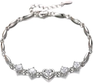 Nilu's Collection Women's Copper Sterling Silver Heart Shape Stone Charm Bracelet