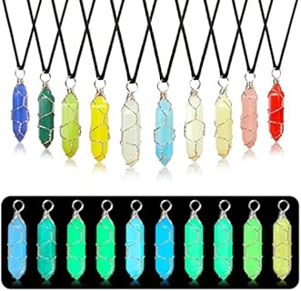 TXIN 10 Pcs Glow in the Dark Crystal Pendant Necklace, Silver Wire Wrapped Luminous Necklace, Fluorescent Hexagonal Stone Necklace, Glowing Natural Quartz Stone Necklace with Black Cord, 10 Colors