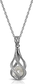 Galaxy Gold Elegant 14K Solid White Gold Necklace, Natural Pearl Pendant in Spiral Cage, Water Drop Shape with Spring Ring Clasp - 24 Inches