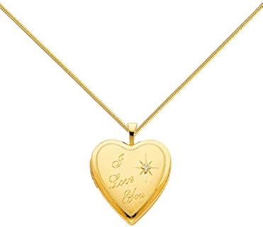 14K Yellow Gold Valentine I Love you Heart Star Locket Pendant with 0.8mm Yellow Snake Chain Necklace