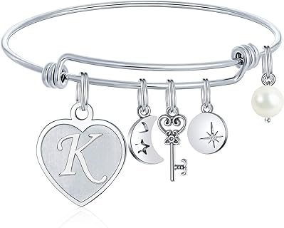 M MOOHAM Initial Charm Bracelets for Women Gifts - Engraved 26 Letters Initial Charms Bracelet Stainless Steel Bangle Bracelet Birthday Christmas Jewelry Gift for Women Teen Girls
