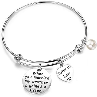 HOLLP Sister In Law Bracelet Sister of Groom Gift When You Married My Brother I Gained A Sister Adjustable Charm Bangle Bracelet Wedding Gift for Sister In Law