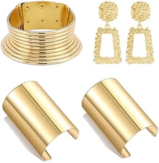 5Pcs African National Jewelry for Women African Egyptian Choker Collars Gold Chunky Vintage Statement Leather Necklace Bangle Cuff Bracelet Earring Jewelry Set