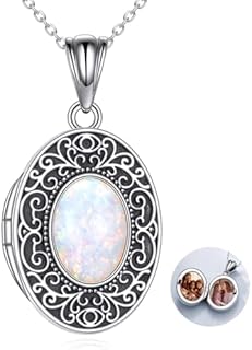 Sterling Silver Box Chain CRMAD Opal Locket Necklace for Women - Elegant Oval Design, Picture-Holding Feature, Vintage Style Jewelry Gift