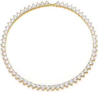 Bling Tennis Choker Necklace with Cubic Zirconia on Copper Chain for Women and Men, 18 Inch Iced Heart Diamond Design