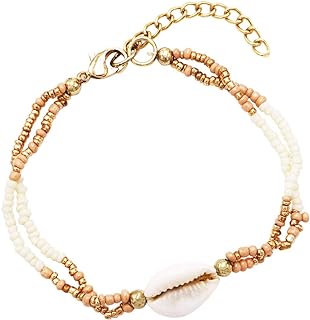 Lobster Claw Clasp Beaded Shell Bracelet - Bead Chain Alloy Bracelet with Natural Cowrie Seashell for Women - Mermaid Chic Design by Rosemarie Collections, USA Origin