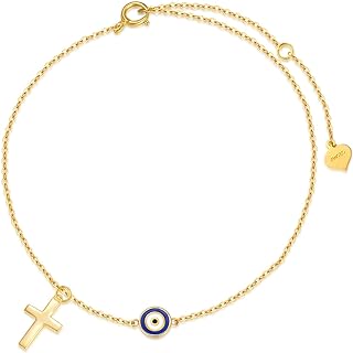 Women's Silwan 14K Yellow Gold Evil Eye Anklet with Cubic Zirconia & Cross Design, Box Chain & Lobster Claw Clasp - Adjustable Length Jewelry Gift for Her
