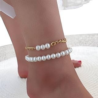 YienDoo Gold Clasp Pearl Anklet in Bohemian Metal, Beads & Chain Design for Women of Sophistication, Charm-Shaped 2pc Set, Ideal Gift for Adult Ladies