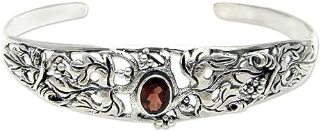 NOVICA Handmade Garnet Cuff Bracelet Balinese Silver Sterling Red Indonesia Leaf Tree Birthstone [6 in L (end to End) x 0.6 in W] 'Crimson Vine'