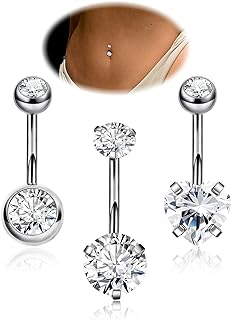 3Pcs 14G F136 Titanium Belly Button Rings for Women Hypoallergenic Cubic Zirconia Navel Rings Heart Belly Rings Sliver Pretty Belly Piercing Barbells 6-16mm