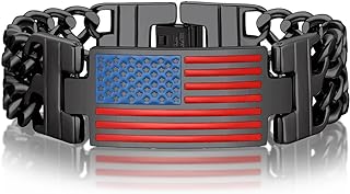 Bandmax Men's Patriotic American Flag Charm Bracelet in Stainless Steel with Fold Over Clasp and Curb Chain - Perfect Forth of July or Independence Day Gift