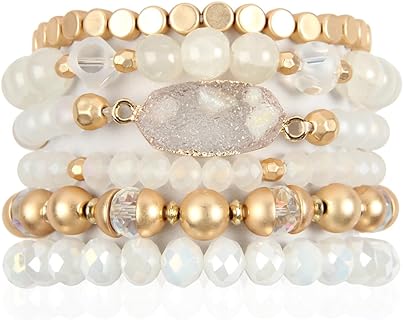 RIAH FASHION Bohemian Acrylic Druzy Multi-Layer Bead Statement Bracelet - Versatile Faux Stone Pendant Stretch Strand Stackable Cuff Bangle Set Sparkly Crystal