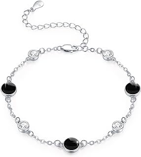 925 Sterling Silver Black Onyx Bead Chain Bracelet with Spring Ring, Floral Vine/Lotus/Star Moon Design - Ideal Jewelry Gift for Women and Girls