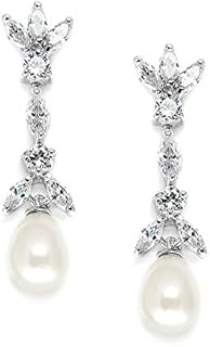 Mariell Cubic Zirconia & Freshwater Pearl Drop Bridal Earrings - Marquis-Cut CZ & Pearls Wedding Dangles