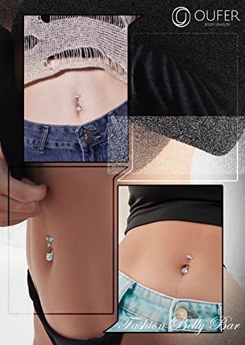 OUFER Belly Button Rings, 316L Surgical Steel Belly Rings, Clear CZ Dangle Belly Button Piercing, 14G Reverse Belly Piercing Jewelry, Long Belly Rings For Women Men
