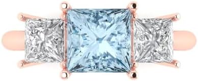 18K Rose Gold Princess Cut Aquamarine Engagement Ring by Clara Pucci, 3.0 ct 3 Stone Solitaire Design for Women, Size 3.5+ with Engraving Option