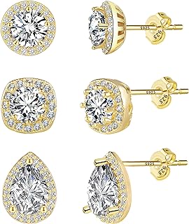 KISSPAT Gold Stud Earrings Set for Women 3 Pairs Large Heart & Halo & Squre Cubic Zirconia Stud Earrings with Sterling Silver Post