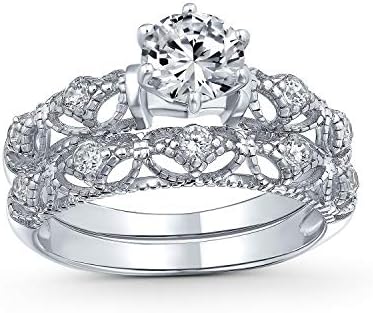 Customizable 0.75 Carat Cubic Zirconia Engagement Ring in Rhodium-plated Silver with Antique Vintage Milgrain Design for Women