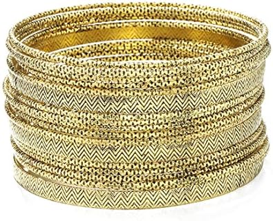 Gold-Plated Multi-Texture Bangle Bracelets for Women with Box Chain and Enclosed Clasp, Set of 18