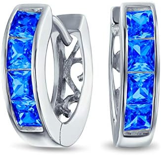 Unisex Small CZ Channel-Set Checkboard Invisible Square Princess Cut Huggie Hoop Earrings in Rose & Yellow Gold-Plated .925 Sterling Silver, Clear, Red, Blue, Green and Black Cubic Zirconia for Women