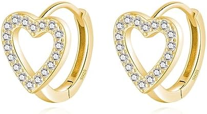 SLUYNZ Sterling Silver CZ Heart Hoop Earrings for Women Teen Girls Hollow Heart Small Hoop Earrings Huggie