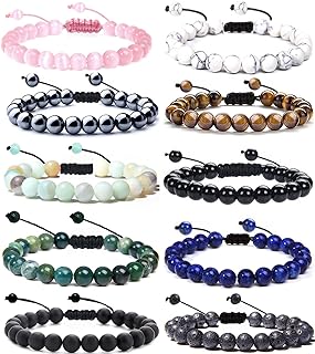 10PCs Natural Healing Power Gemstone Crystal Bead Bracelets, Unisex, Woven Cord and Rope Chain Design, Adjustable Size, Includes Tiger Eye and Amethyst Stones - Ideal for Gifting