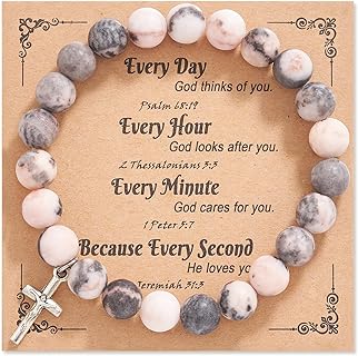 Cross Rosary Beads Bracelet: Religious Prayer Natural Agate Beads Stretch Bracelet Jewelry Inspirational Gifts To Women Friends