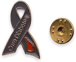 Cure Diabetes Awareness Ribbon Lapel Pin Gray Ribbon with Orange Blood Drop and Gold Lettering Saying Cure Diabetes
