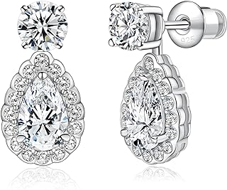 Women's Hitlinker Moissanite Teardrop Stud Earrings with Push-Back in Sterling Silver, D-Color Grade Lab-Created Diamond Round/Pear Cut Design (1.6-2ct)