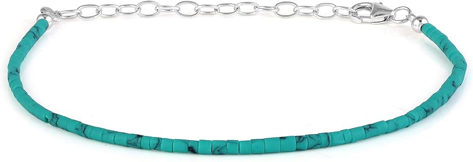 Handcrafted 925 Sterling Silver Turquoise Bead Bracelet with Lobster Claw Clasp for Women, Natural December Birthstone Design, 8 inch