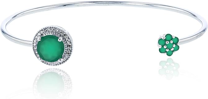 Sterling Silver Box Chain Bangle with Green Agate & White Sapphire Gems, Flower/Circle Design for Women