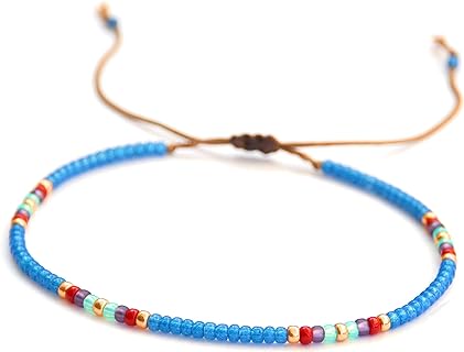 Beaded Anklet for Women, Unique Boho Bohemian Hippie Native American Beach Waterproof Anklet, Blue Gold Colorful, Handmade by Tribes