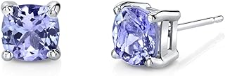 Peora 14K White Gold Tanzanite Stud Earrings for Women, Genuine Gemstone, Hypoallergenic, AAA Grade, Cushion Cut 6mm, 2 Carats total, Friction Back