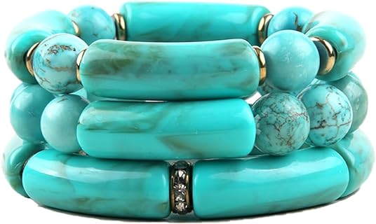 Unisex Acrylic Bamboo Tube Bead Bracelet Set with Cord-and-Bead Chain - 3pc Bohemian Stackable Handcrafted Resin Agate Stone Stretch Wristbands