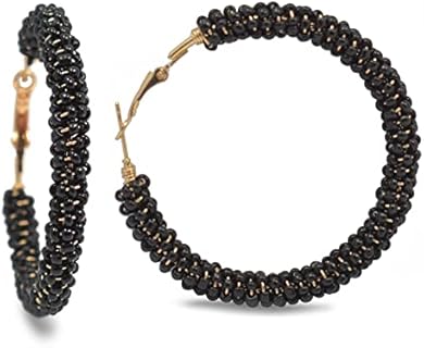 Handmade Boho Beaded Black Hoop Earrings with Durable Alloy for Women and Girls