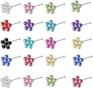 20G Nose Rings Studs Flower I Shaped,20Pcs Surgical Stainless Steel Tragus Piercing Jewelry Lip Earring Cartilage Studs Ear Nose Piercing kit Ideal Gift 2.0mm 2.5mm 3.0mm